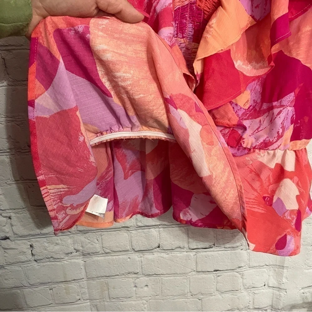 Pink Orange Purple Ruffle Summer Deep V- Neck Top Size Medium - Picture 6 of 7